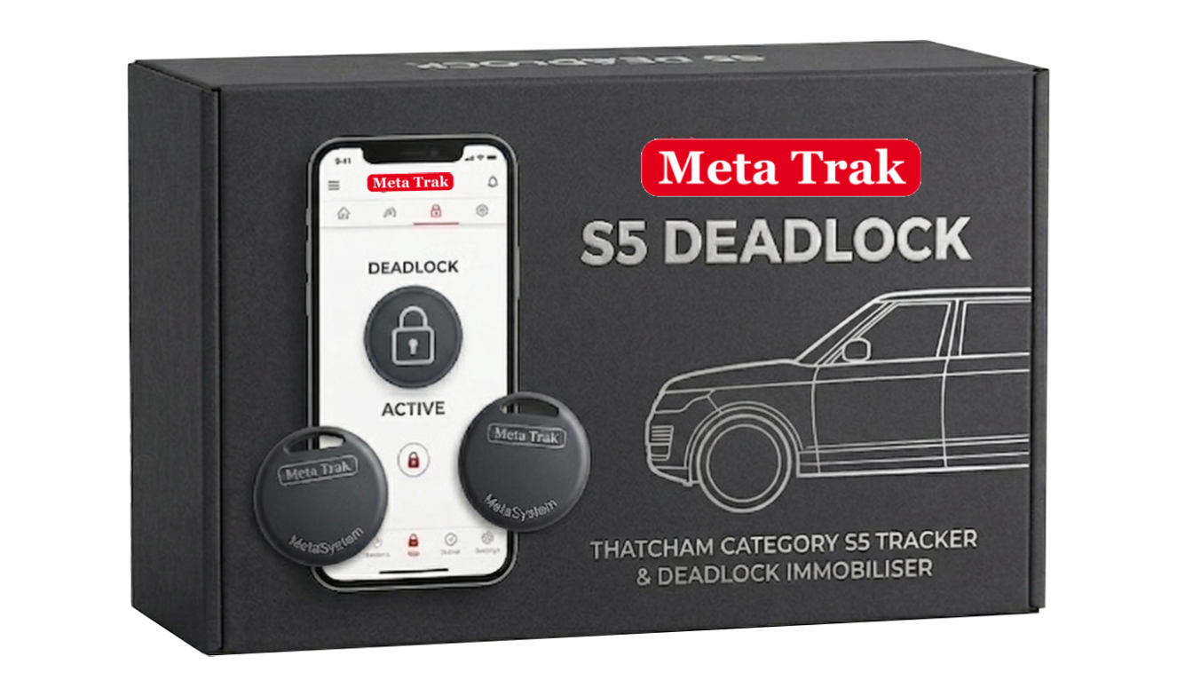 Meta Trak S5 Deadlock retail box featuring smartphone app control, driver ID tags, and Range Rover silhouette. Thatcham Category S5 approved vehicle security.