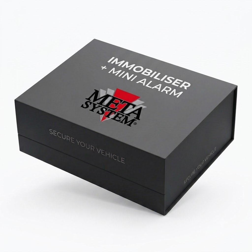 Matte black rigid product box for the Meta System vehicle security kit. The top of the box features white text reading "IMMOBILISER + MINI ALARM" above the official red and black Meta System logo. The side panel subtle grey text reads "SECURE YOUR VEHICLE".